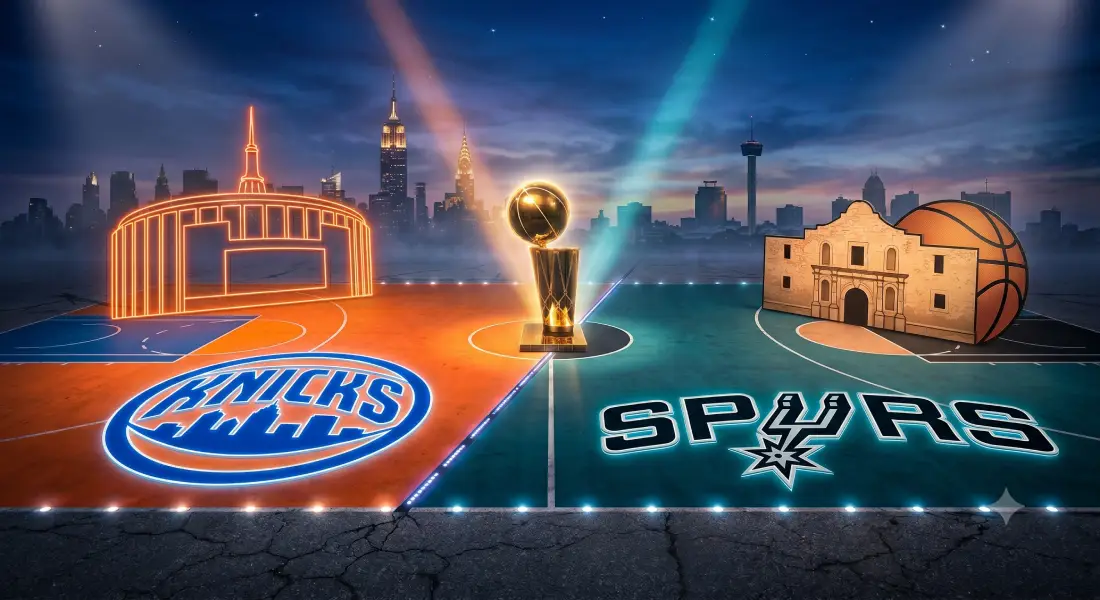A split basketball court at night featuring the New York Knicks logo on an orange half and the San Antonio Spurs logo on a teal half, with the Larry O'Brien Championship Trophy in the center and the skylines of New York and San Antonio in the background.