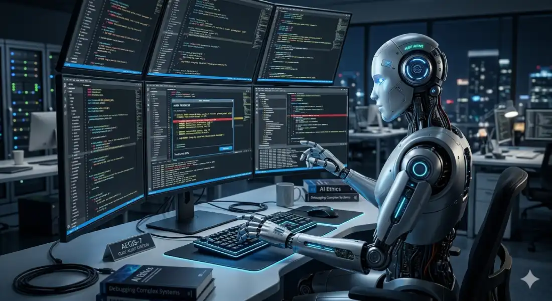 A sleek, metallic robotic arm typing out glowing neon lines of code on a transparent holographic screen inside a dark server room, while a secondary robotic interface scans the data for system errors and compliance bugs.